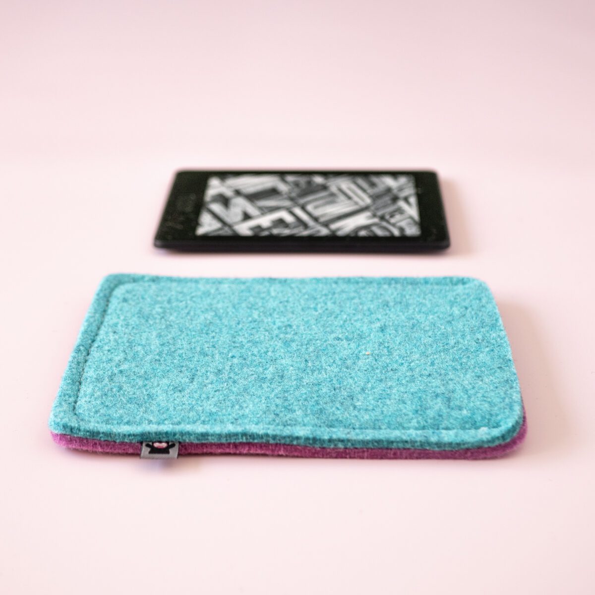 Kindle paperwhite case made of turquoise blue and orchid purple wool felt