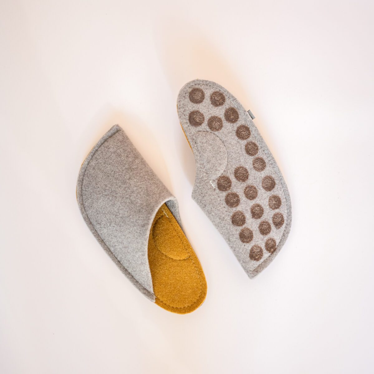 Curcuma Yellow and Grayish Brown wool felt slippers