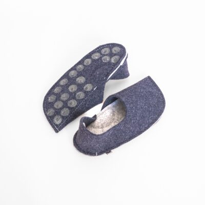 Navy blue and light gray slippers with a closed back