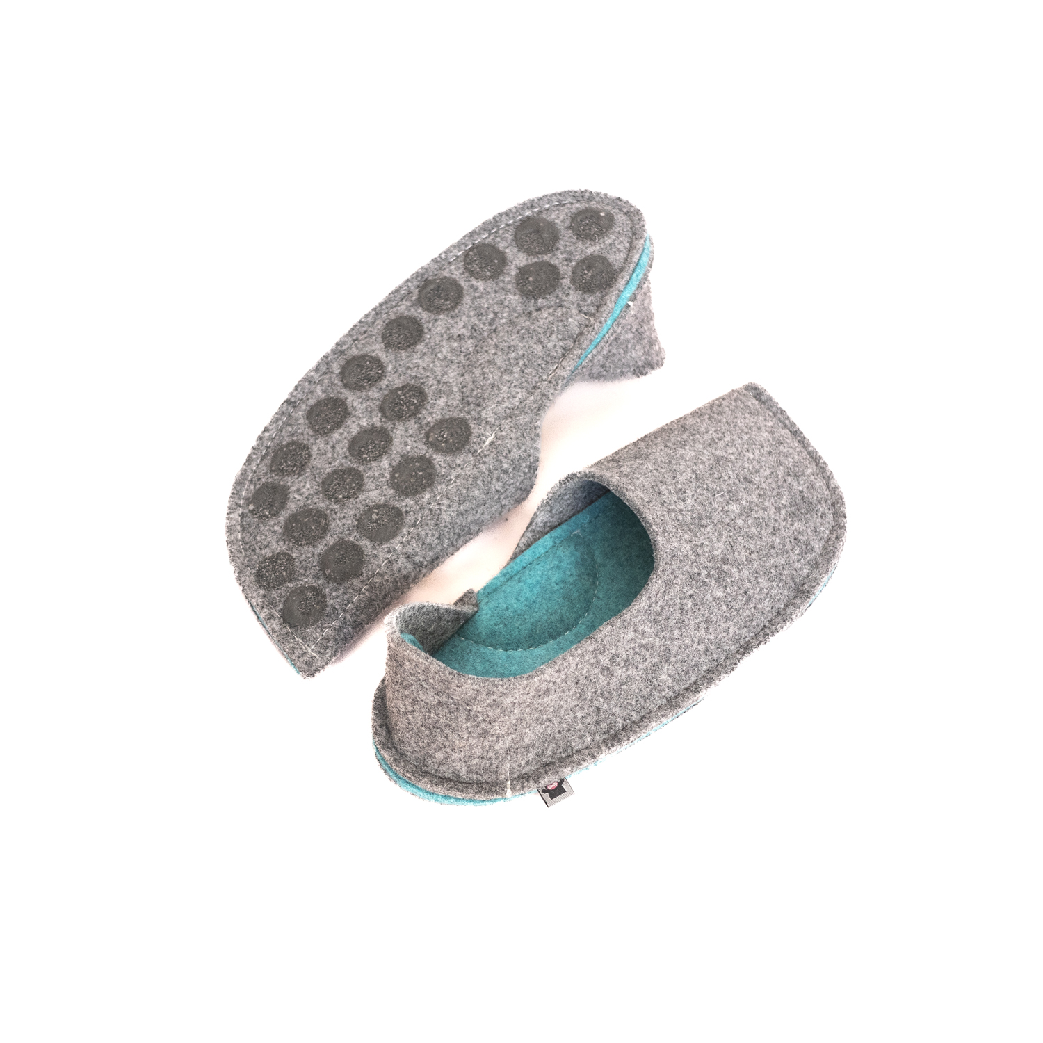 Dark gray and turquoise blue slippers with a closed back