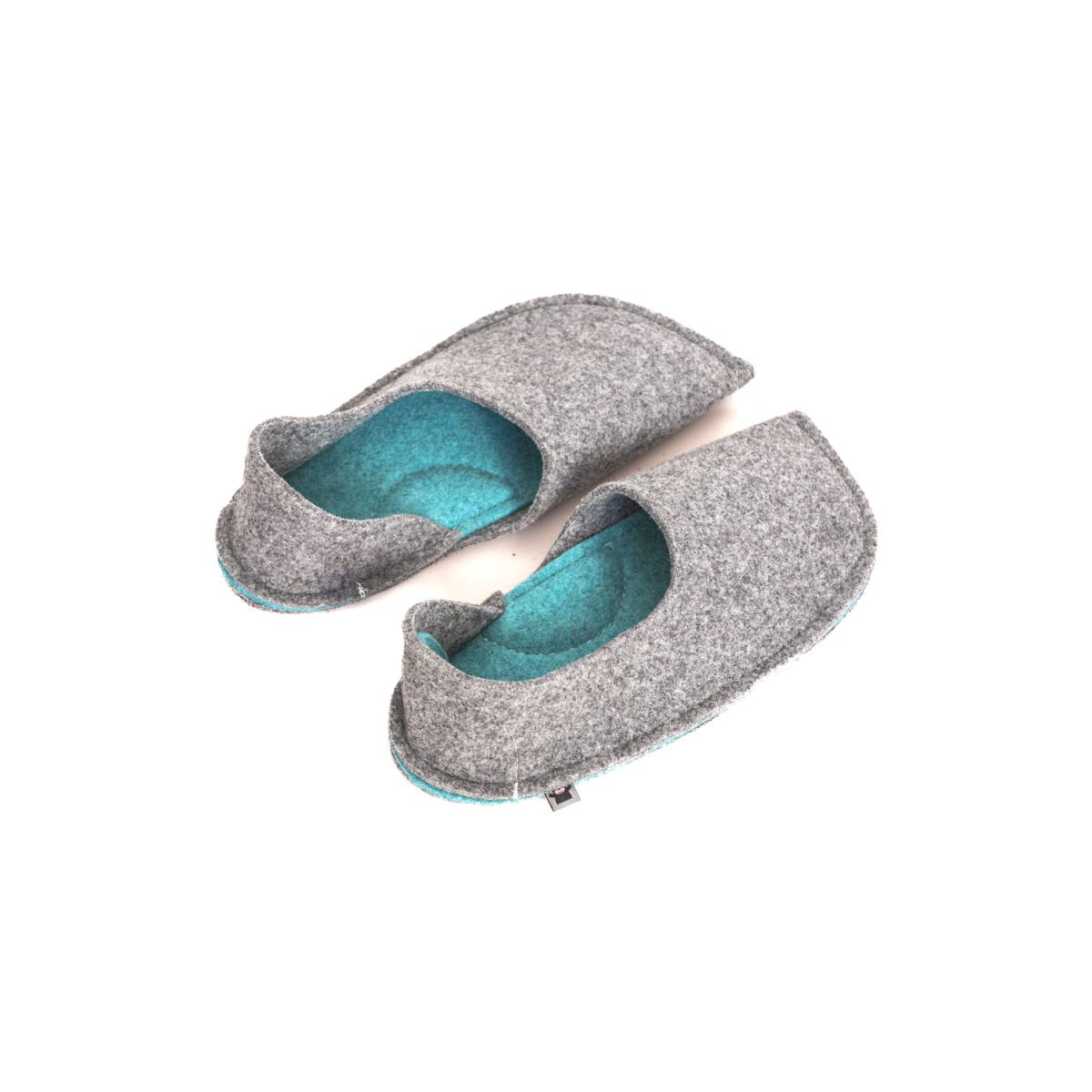 Dark gray and turquoise blue slippers with a closed back